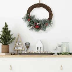 Red Ornaments, Pine Needle and Stars Frosted Christmas Wreath, 13.75-Inch