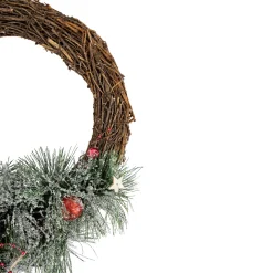 Red Ornaments, Pine Needle and Stars Frosted Christmas Wreath, 13.75-Inch