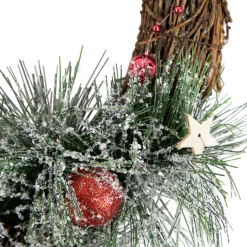 Red Ornaments, Pine Needle and Stars Frosted Christmas Wreath, 13.75-Inch