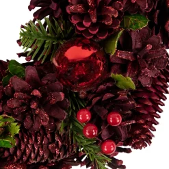 Red Pinecone, Berry and Ornament Christmas Wreath, 13.5-Inch, Unlit