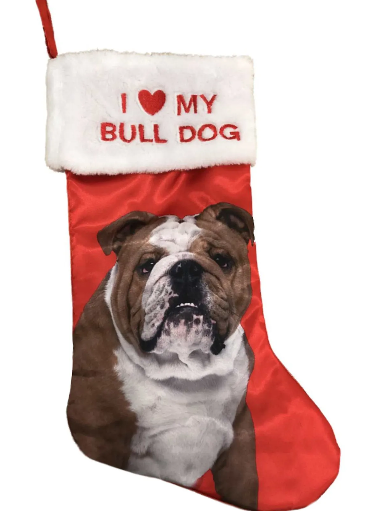 Red Satin I Love My Bull Dog Christmas Holiday Stocking