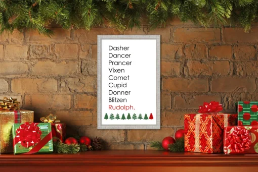 Reindeer Names 15.5" x 21.5" Framed Christmas Wall Decor Art Print Sign Poster in a White Wooden Frame with UV Acrylic and Hangers