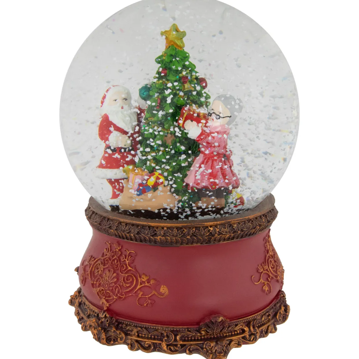 Santa and Mrs. Claus Decorating Christmas Tree Musical Snow Globe - 6"