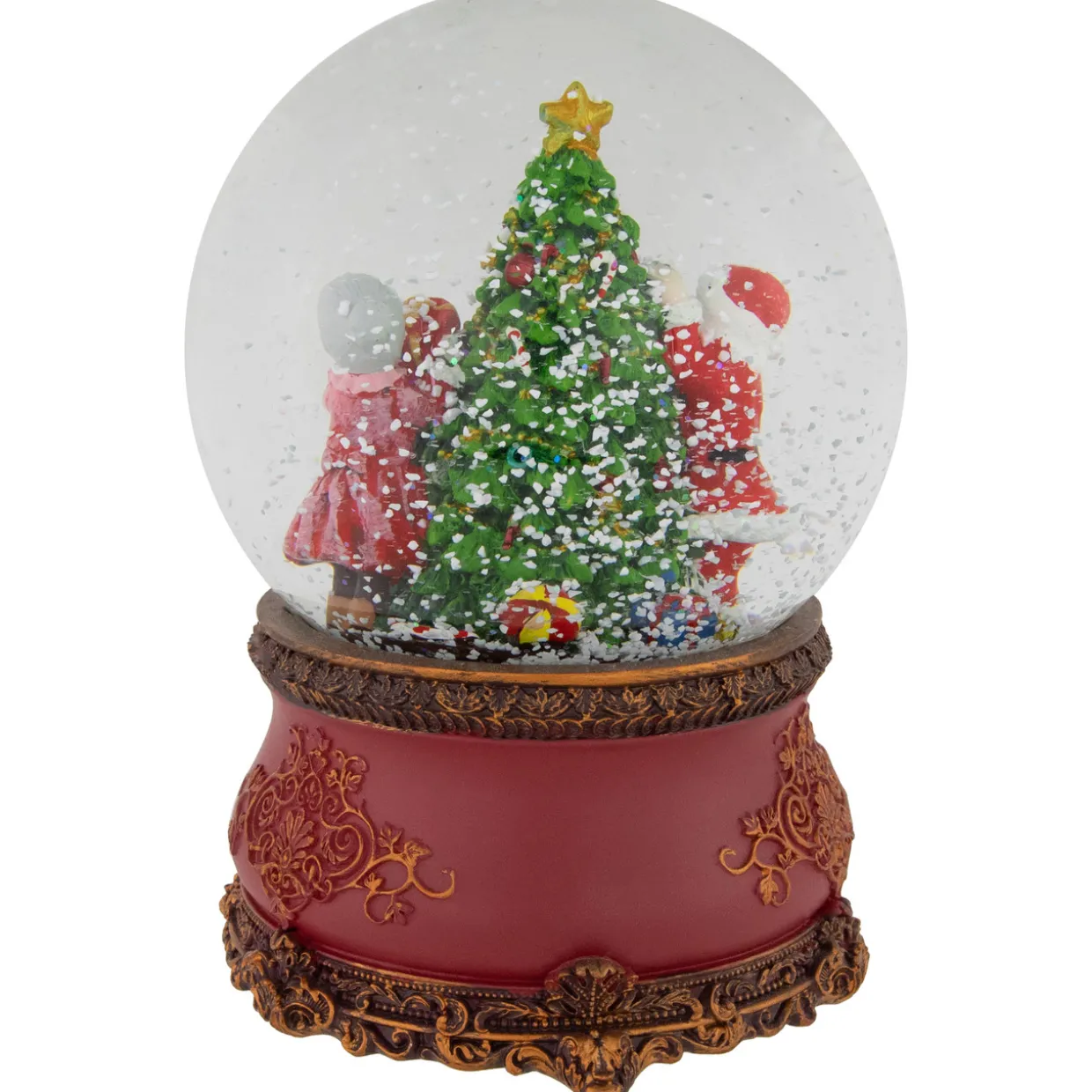 Santa and Mrs. Claus Decorating Christmas Tree Musical Snow Globe - 6"
