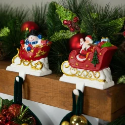 Santa and Snowman Sleigh Ride Christmas Stocking Holders - 4.25" - Set of 2