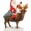 Santa Claus on a Reindeer Holding a Frosted Pine Tree Christmas Figurine - 8.25"