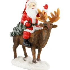 Santa Claus on a Reindeer Holding a Frosted Pine Tree Christmas Figurine - 8.25