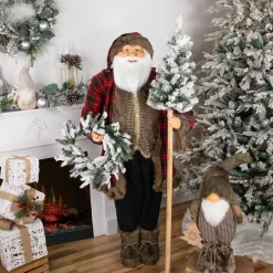 Santa Claus with Flocked Alpine Tree and Wreath Commercial Christmas Figure - 5'