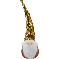 Santa Gnome Head with Sequined Jingle Bell Hat Christmas Decoration - 20" - Gold and Red