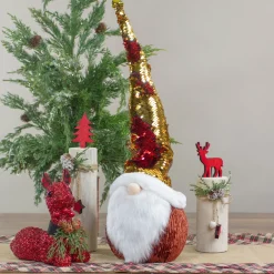 Santa Gnome Head with Sequined Jingle Bell Hat Christmas Decoration - 20" - Gold and Red