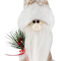 Santa Gnome Holding Pine Sprigs in Plush Winter Hat Christmas Figure - 19