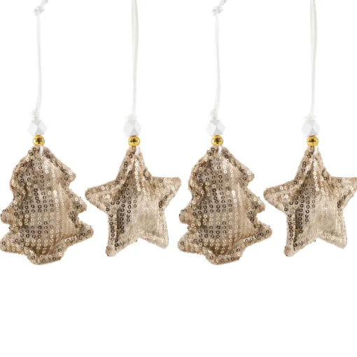 Sequin Stars and Trees Plush Christmas Ornaments - 4" - Set of 4