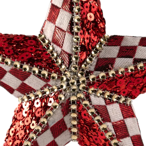 Sequined and Checkered Star Christmas Ornament - 6" - Red