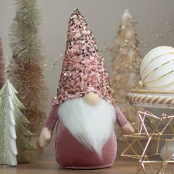 Sequined Hat Christmas Gnome Figure - 12" - Rose Gold and Pink