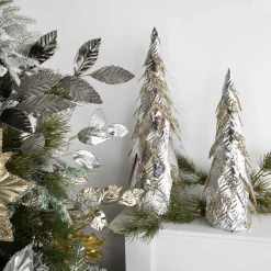 Sequined Layered Leaves Christmas Cone Tree - 26" - Platinum and Champagne Finish