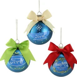 Set of 3 Blue Ford Logo Collectible Glass Christmas Ball Ornaments 3"