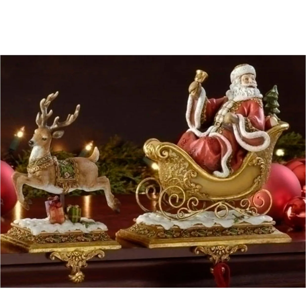 Set of 2 Brown and Red Santa Claus with Reindeer Christmas Stocking Holders 9.5"