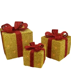 Set of 3 Gold and Red Gift Boxes with Bows Lighted Christmas Outdoor Decorations