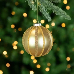 Set of 2 Gold Striped Glittered Glass Christmas Ball Ornaments 4"