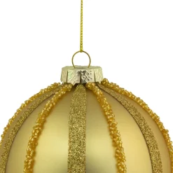 Set of 2 Gold Striped Glittered Glass Christmas Ball Ornaments 4