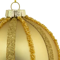 Set of 2 Gold Striped Glittered Glass Christmas Ball Ornaments 4