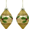 Set of 2 Golden Glitter Holly Finial Christmas Glass Ornaments 5"