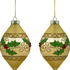 Set of 2 Golden Glitter Holly Finial Christmas Glass Ornaments 5"