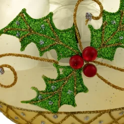 Set of 2 Golden Glitter Holly Finial Christmas Glass Ornaments 5