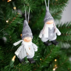 Set of 2 Gray and White Striped Plush Twin Gnomes Christmas Ornaments 5.5