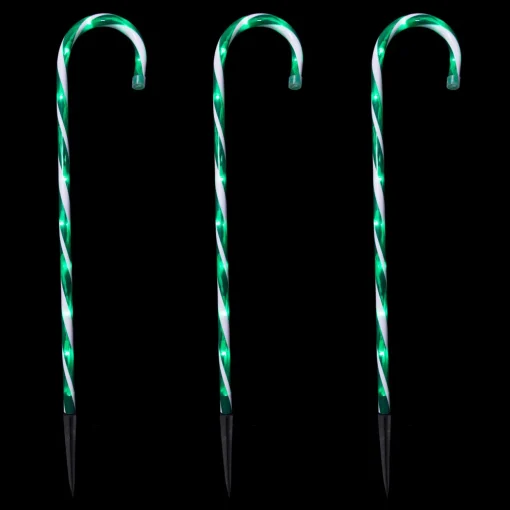 Set of 3 Green and White Twinkle Candy Cane Pathway Markers 26"