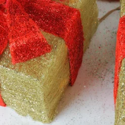 Set of 3 Lighted Gold and Red Gift Boxes Christmas Outdoor Decorations 10