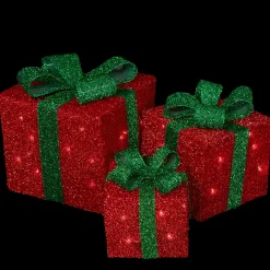 Set of 3 Lighted Red Gift Boxes with Green Bows Outdoor Christmas Decorations 10