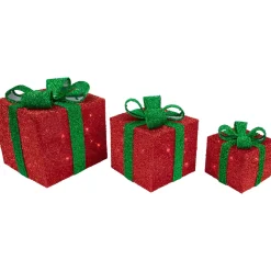 Set of 3 Lighted Red Gift Boxes with Green Bows Outdoor Christmas Decorations 10