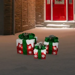 Set of 3 Lighted Red with White Snowflakes Gift Boxes Christmas Decorations
