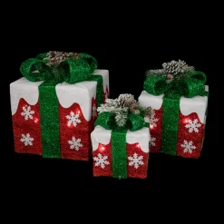 Set of 3 Lighted Red with White Snowflakes Gift Boxes Christmas Decorations