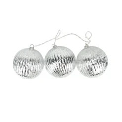 Set of 3 Lighted Silver Mercury Glass Finish Ribbed Ball Christmas Ornaments - Clear Lights