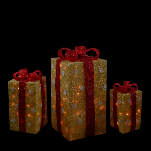 Set of 3 Lighted Tall Gold Gift Boxes with Red Bows Christmas Outdoor Decorations 18"