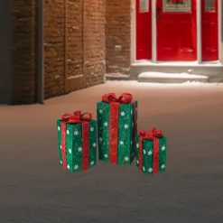 Set of 3 Lighted Tall Green Gift Boxes with Red Bows Christmas Outdoor Decorations 18"