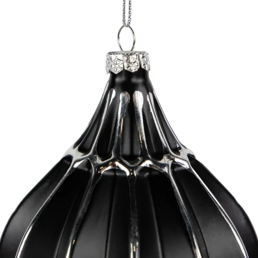 Set of 2 Matte Black and Silver Finial Christmas Glass Ornaments 5"