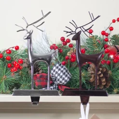 Set of 2 Oil Rubbed Bronze and Silver Reindeer Christmas Stocking Holders
