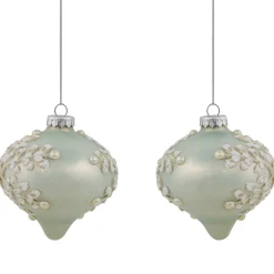 Set of 2 Pastel Green with Icy Snowflakes Christmas Glass Onion Ornaments 4"