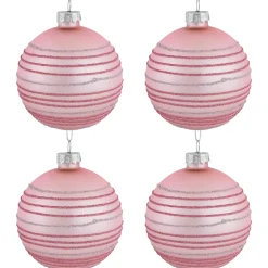 Set of 4 Pink Glitter Striped Glass Christmas Ball Ornaments 3