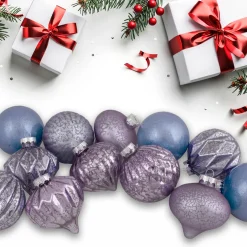 Set of 12 Purple Tone Finial and Glass Ball Christmas Ornaments