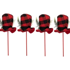 Set of 4 Red and Black Plaid Plush Winter Hat Christmas Picks 15