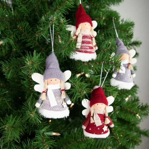 Set of 4 Red and Gray Plush Angel Christmas Ornaments 4.25"