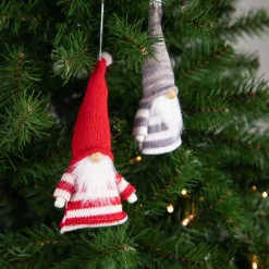 Set of 2 Red and Gray Striped Gnome Plush Christmas Ornaments 6.25"