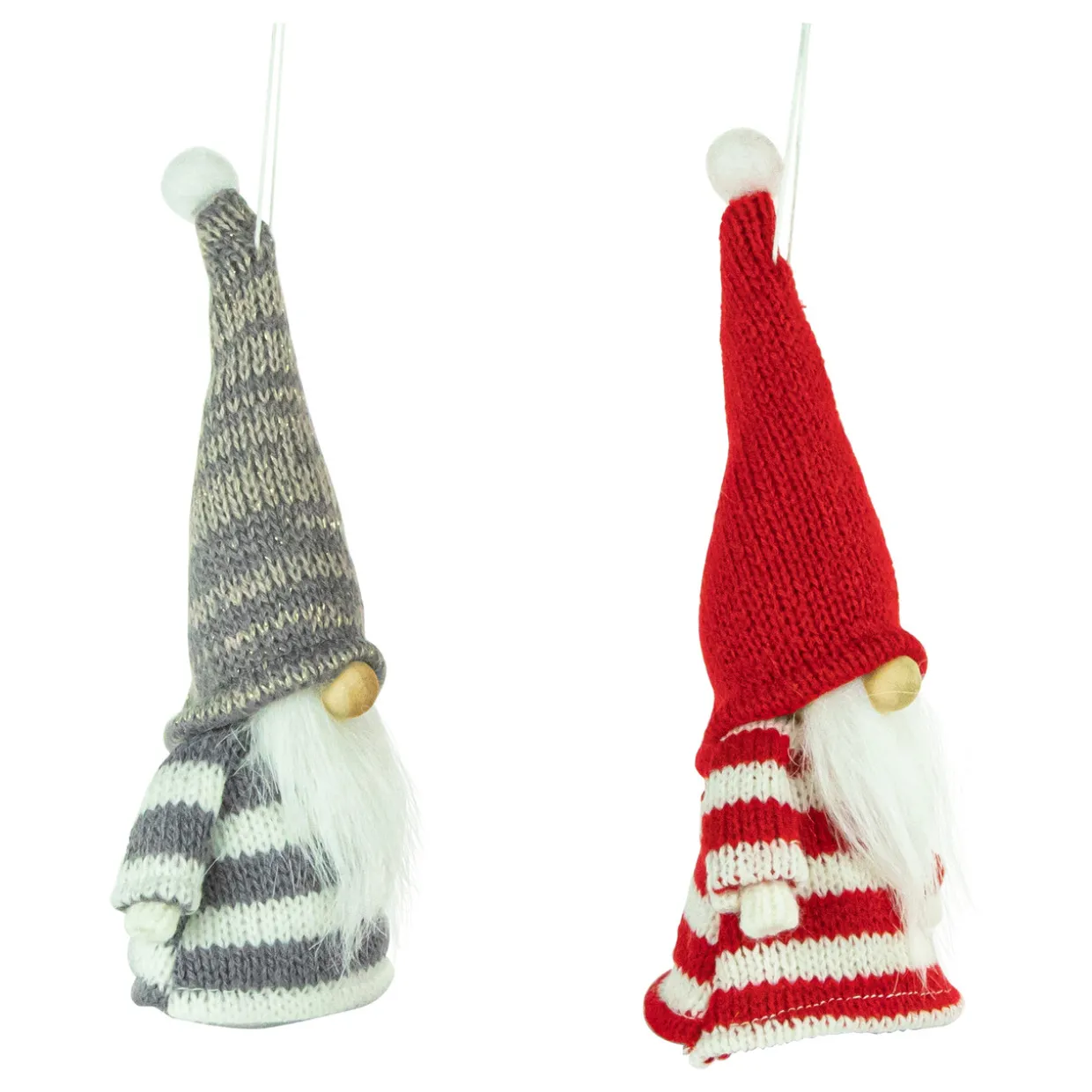 Set of 2 Red and Gray Striped Gnome Plush Christmas Ornaments 6.25"