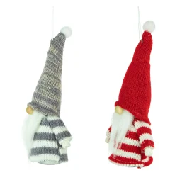 Set of 2 Red and Gray Striped Gnome Plush Christmas Ornaments 6.25