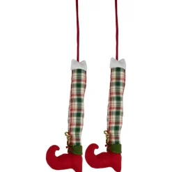 Set of 2 Red and Green Plaid Plush Elf Leg Christmas Picks 30