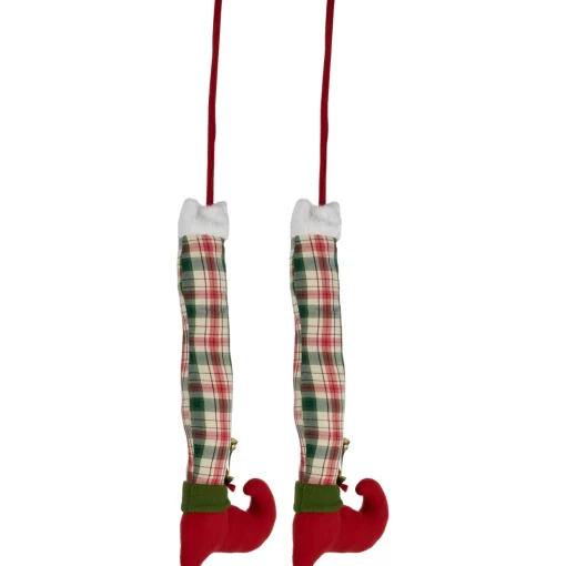 Set of 2 Red and Green Plaid Plush Elf Leg Christmas Picks 30"